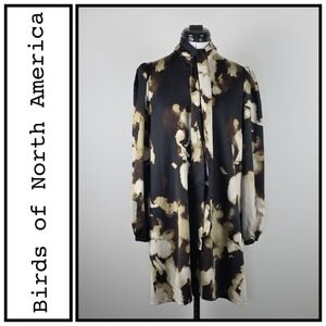 Birds‑of‑North‑America — Black & Cream Print Long‑Sleeve Mini Shirt‑Dress — Size